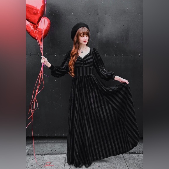 Foxblood Medium Velvet Velour Striped Sheer Gown Peasant Gothic Vintage Maxi - Picture 2 of 16